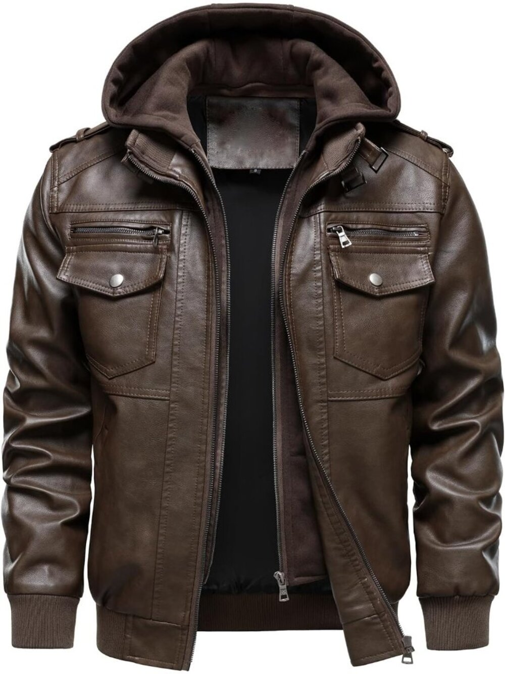 Men’s Coffee Genuine Suede Leather Jacket with Removable Hood Casual Biker Coat